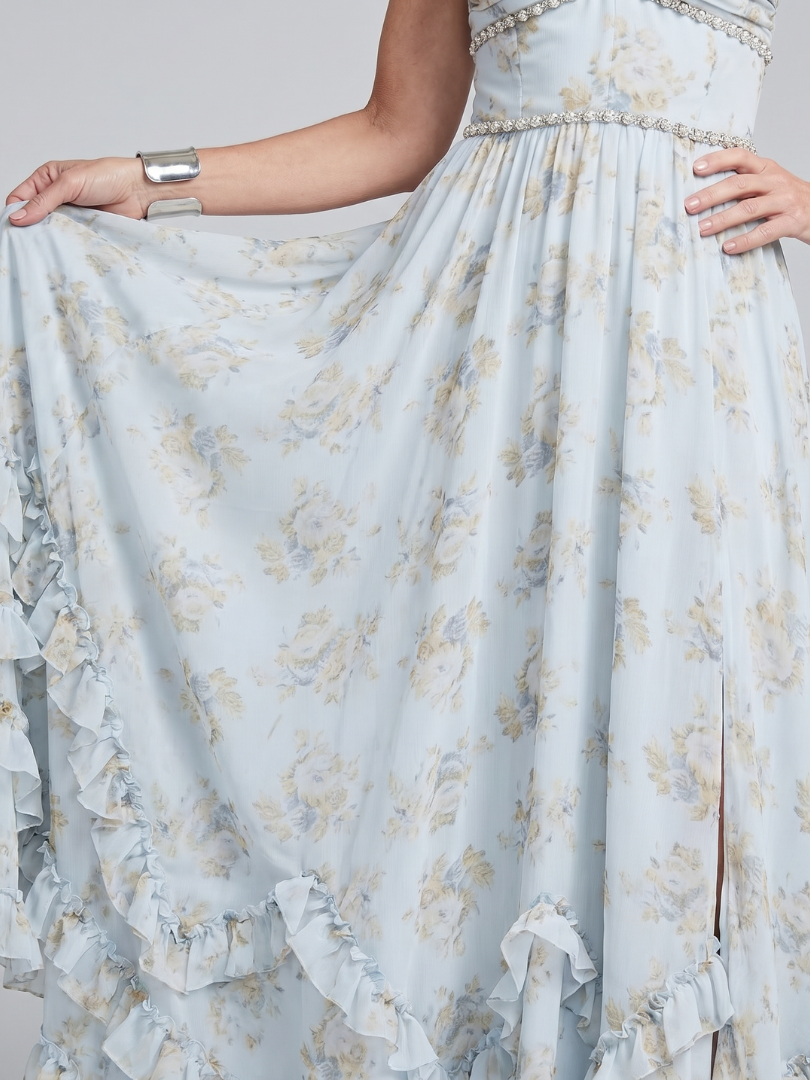 Alessia | Halterneck Blommönstrad Pärlband Maxiklänning