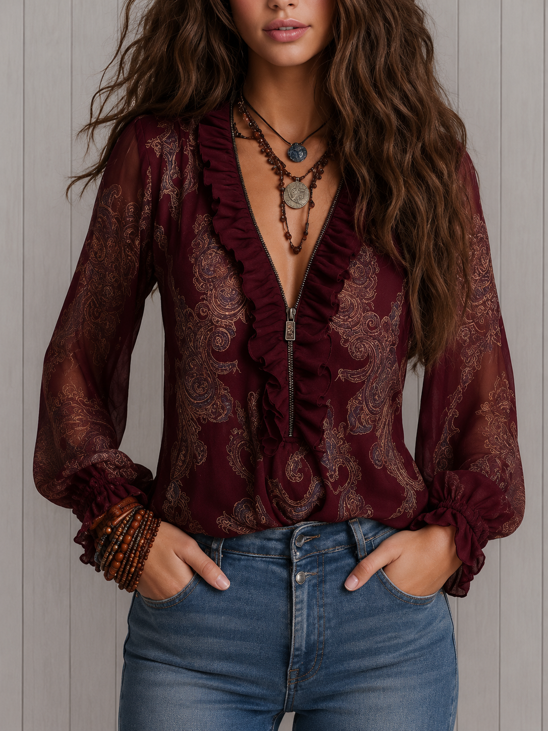 Elise | Barock Paisley-volang Chiffongblus med Dragkedja