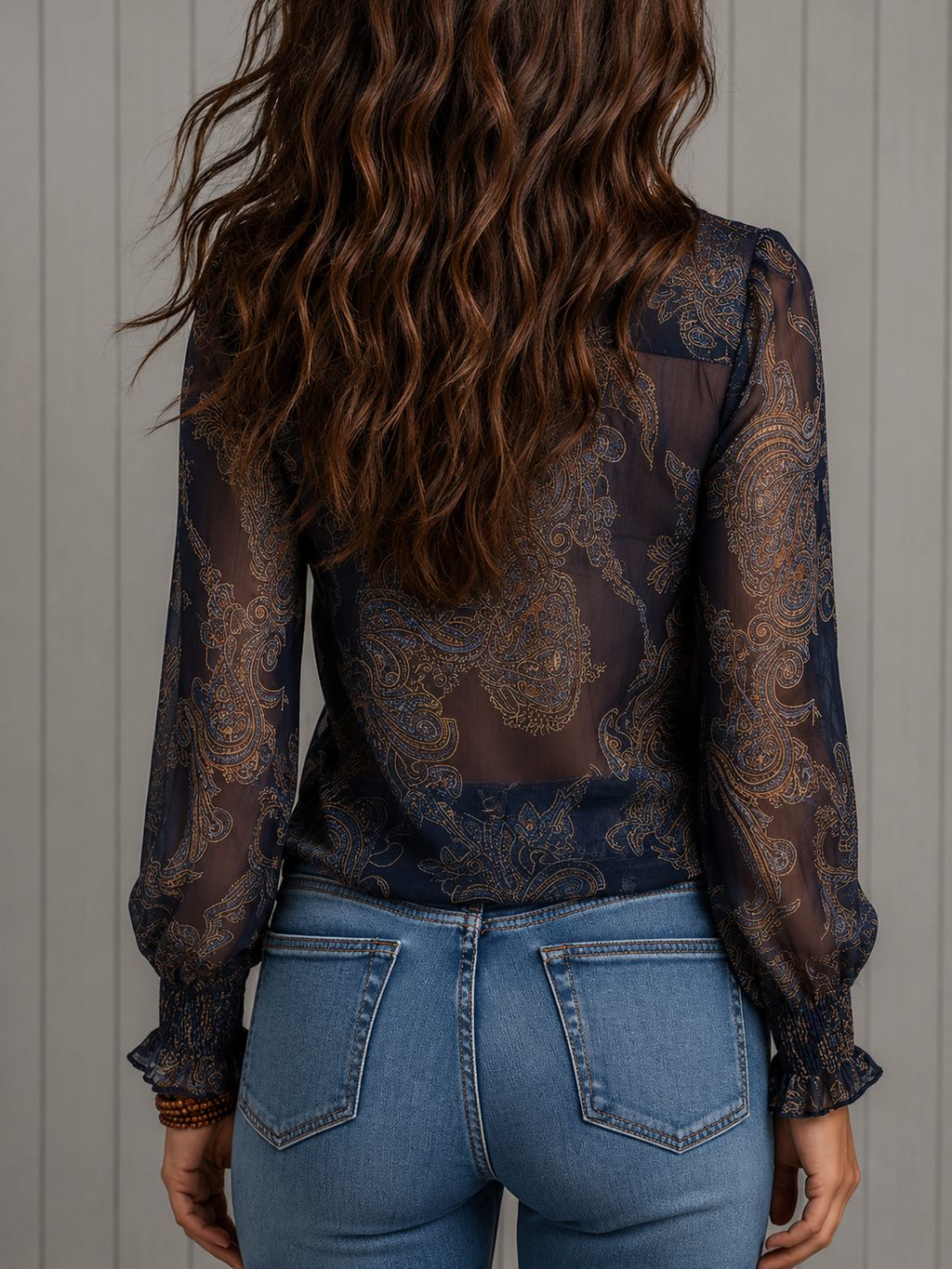 Elise | Barock Paisley-volang Chiffongblus med Dragkedja