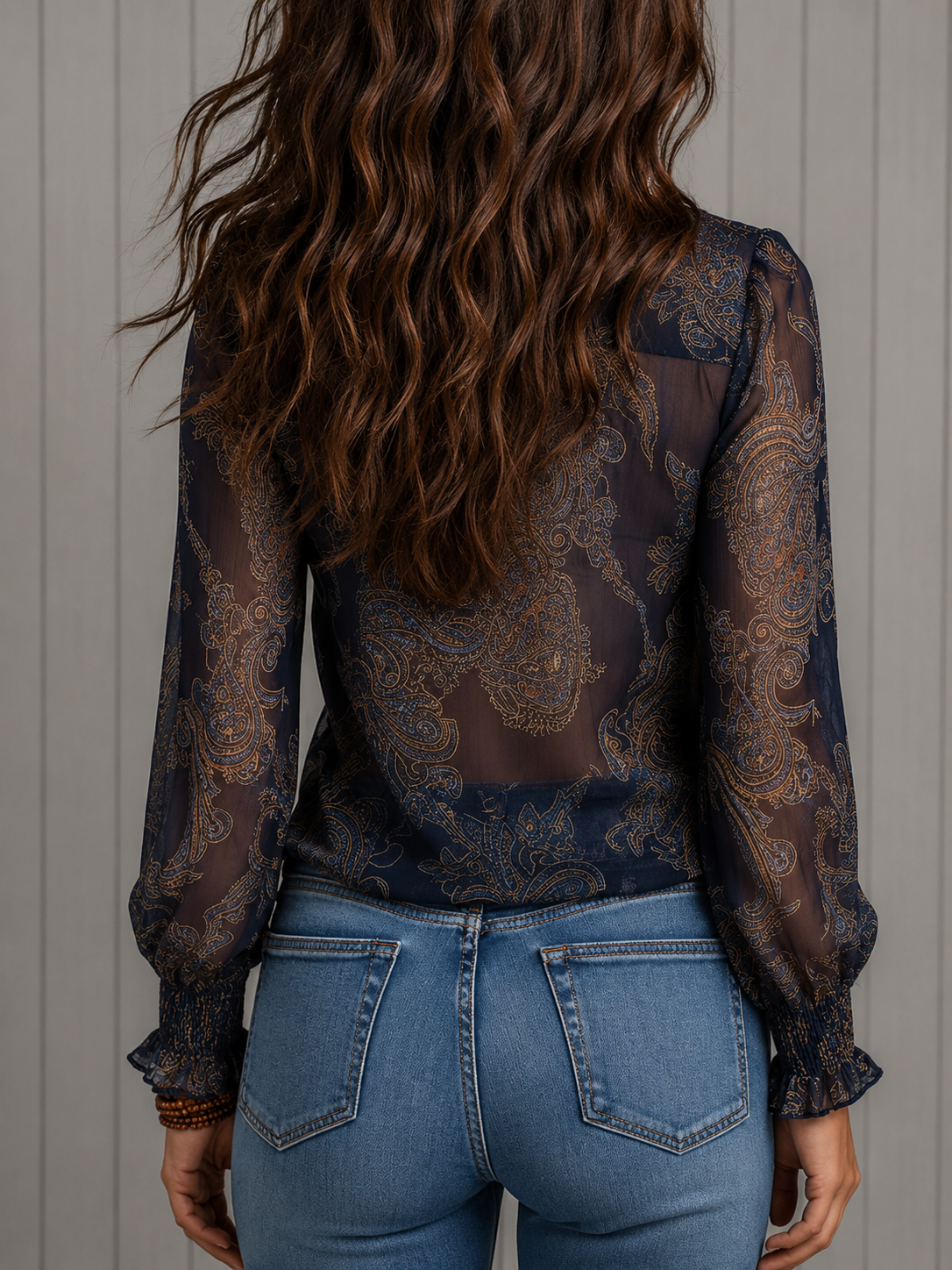 Elise | Barock Paisley-volang Chiffongblus med Dragkedja