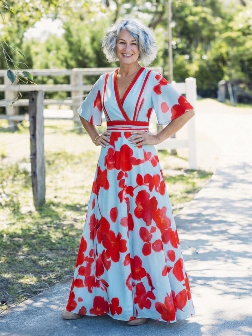 Corinne | V-ringad Kortärmad Blommönstrad Maxiklänning