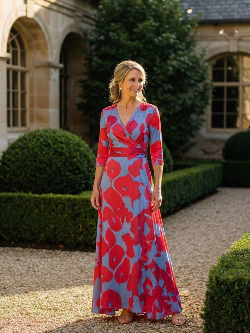 Danielle | Trekvartsärm V-ringad Blommönstrad Maxiklänning